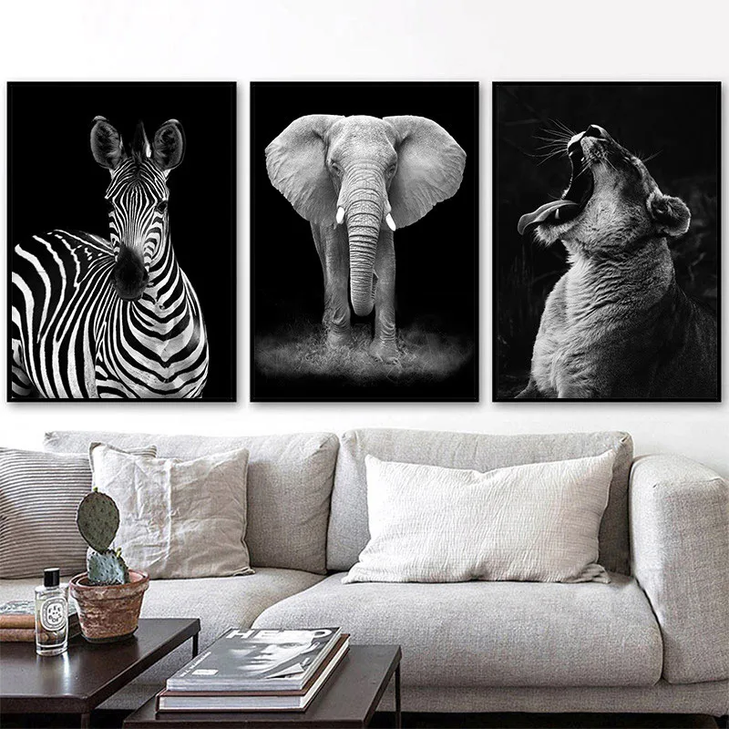 Black White Art Canvas Painting Elephant Lion Giraffe Posters Animals Wall Prints Pictures For Living Room Home Decor LB213 | Дом и сад