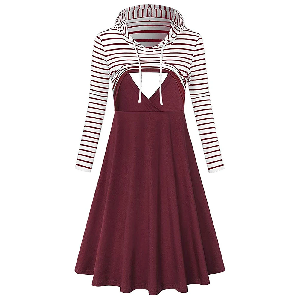 

Платье средней длины для беременных весенне-осеннее платье на шнуровке трикотажное платье в полоску с капюшоном и длинным рукавом в техник...