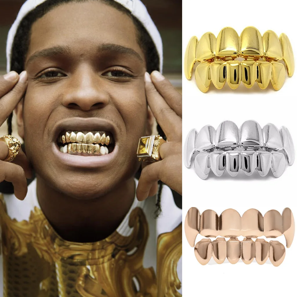 

Hip Hop Gold Silver Teeth Grillz Set Man's Top Bottom Tooth Grills Punk Dental Mouth Cosplay Teeth Caps Party Rapper Jewelry
