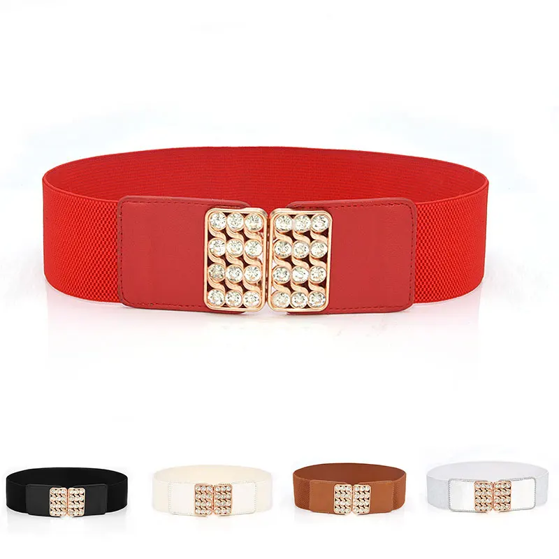 

Women Rhinestone Buckle Belt Party Decoration Coat Sweater Girdle Belt Elastic Waist Belt Solid Color Wide Belt Dress Belt