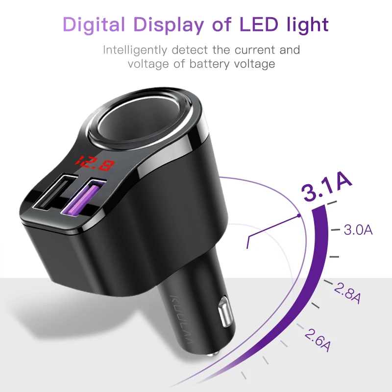 KUULAA Dual USB Car Charger Digital Display Cigarette Lighter 3.1A Fast Charging Adapter For Xiaomi iPhone PD Charge | Мобильные