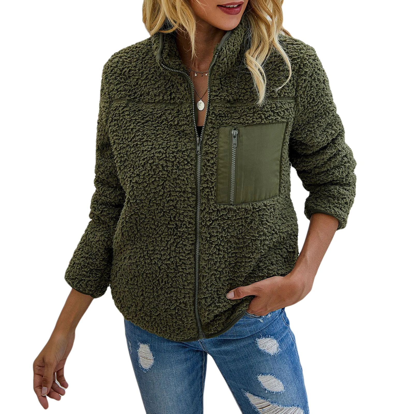 

Women Fleece Jackets, Winter Warm Long Sleeve Full Zip Stand Collar Coat Outwear