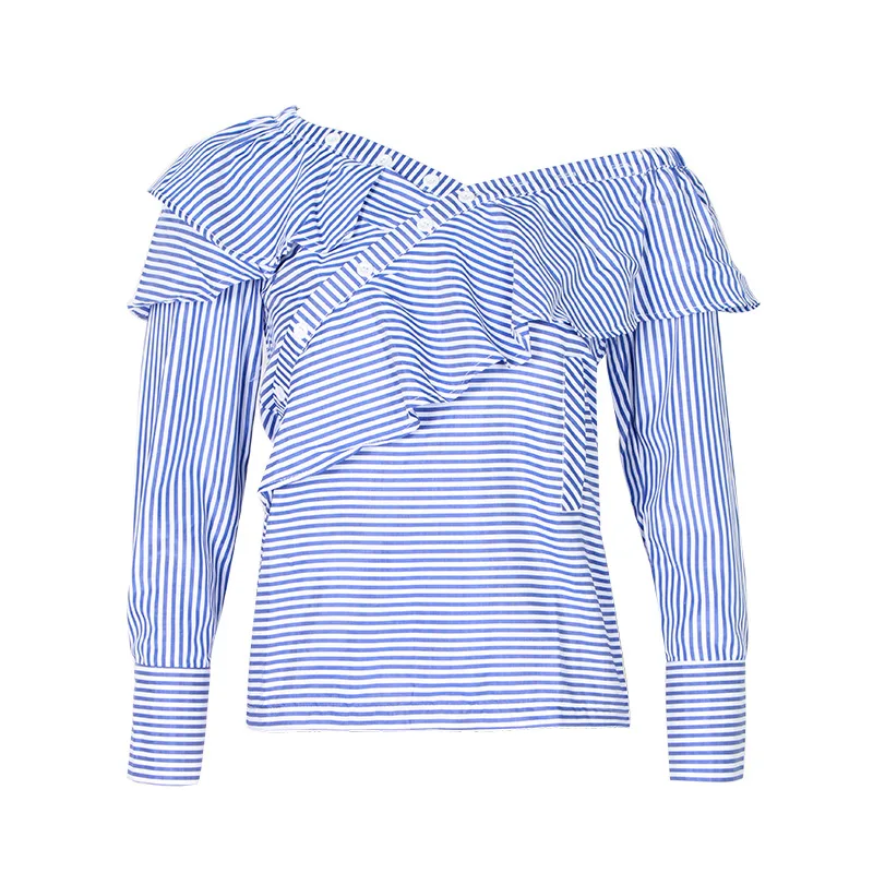 

Summer new striped blouse diagonal shoulder ruffled long sleeve casual Joker slim shirt top women tide