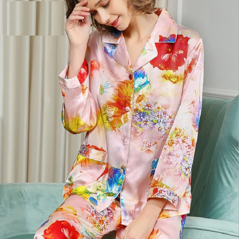 Silk Pajamas Set Foral Print Lady Full Sleeve sleepwear Silk Stain Homewears Sleepwears Pyjama Set Sexy Fashion Home Wear XL