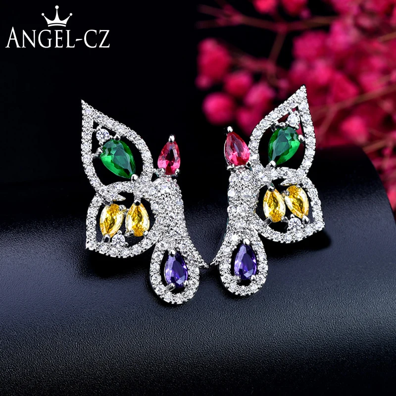 ANGELCZ 2020 Новинка CZ Бабочка большие серьги гвоздики проложить красный зеленый