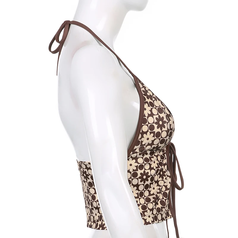 

European and American Niche Special Printed Halter Split Sling Vest Summer Hot Girl Versatile Top