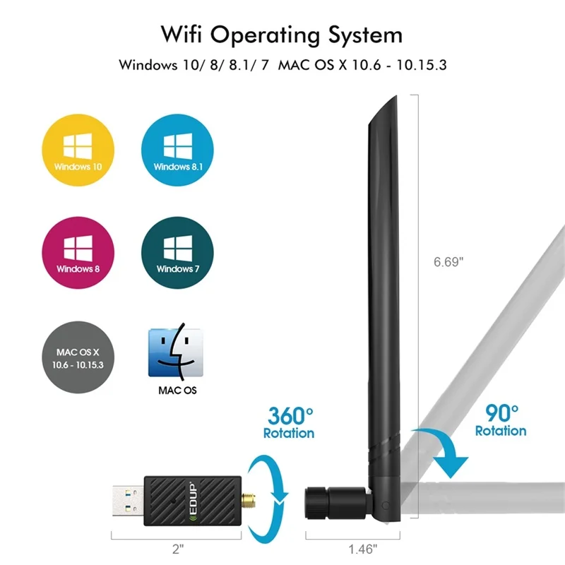 

EDUP 1200Mbps USB WiFi Adapter Dual Band 2.4G/5Ghz Bluetooth 4.1 Chipset RTL8822BU 6dbi Antennas Wi-Fi Network Card For PC