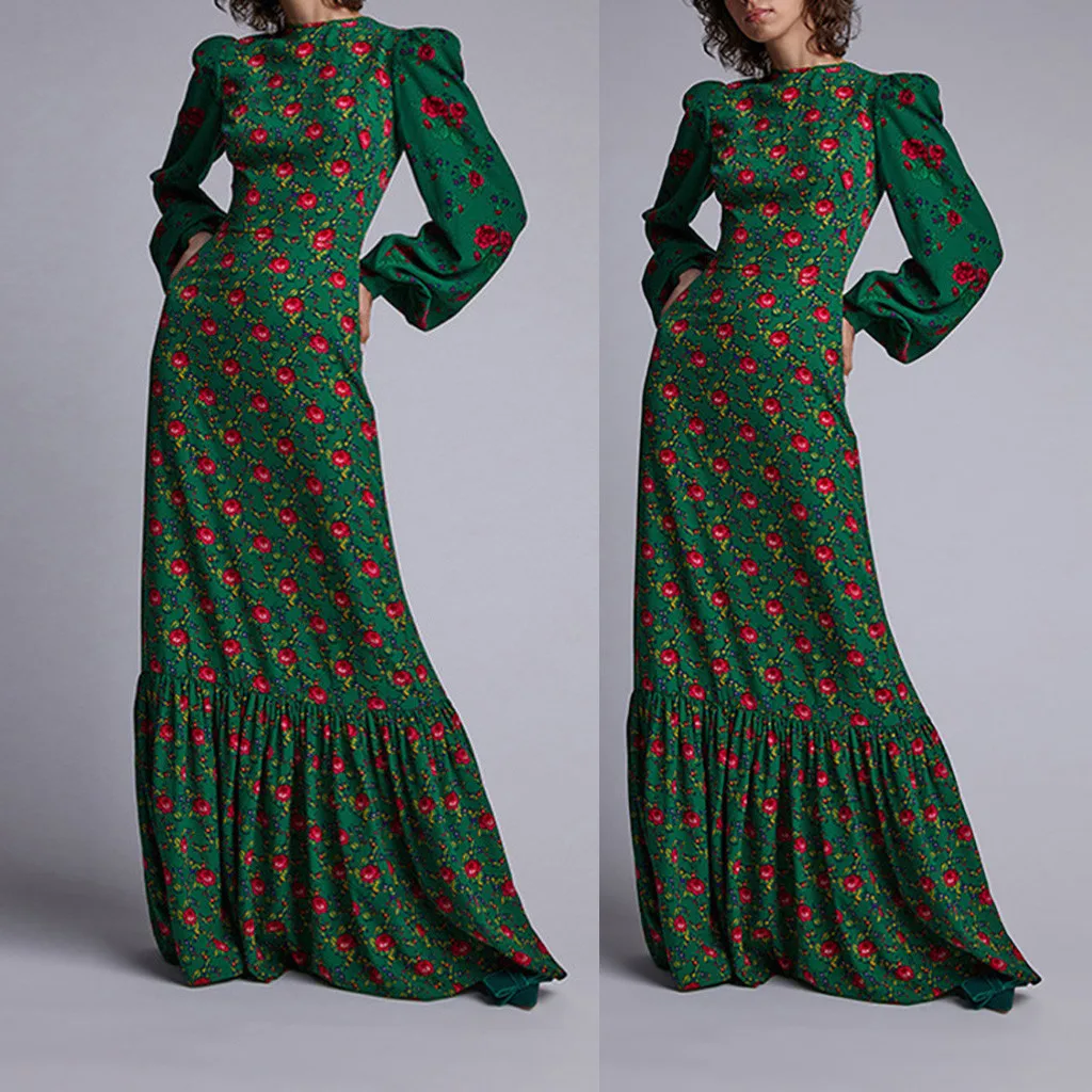 Модное тонкое приталенное вечернее платье в стиле ретро с воротником и принтом