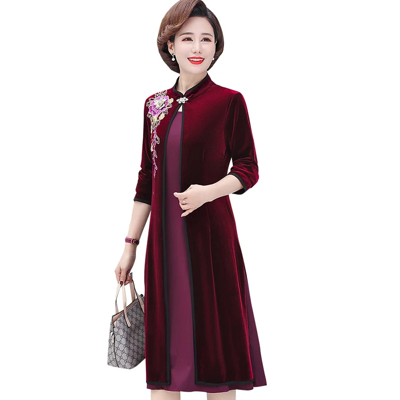 

Middle-aged Mother Autumn Winter Women's Dress Women's Clothing Vestidos Two-piece Suit Western Style Jacket Feast dress 5XL A34