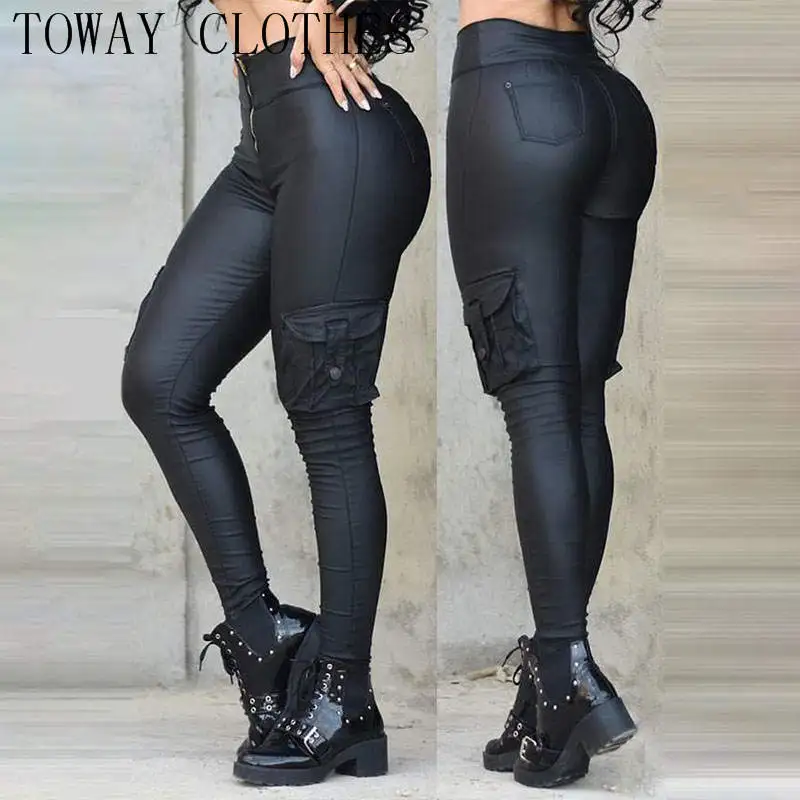 

PU Leather Pocket Design High Waist Skinny Cargo Pants 2021 Sports Casual Pants
