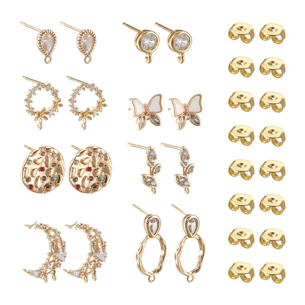 

8 Pairs Brass Cubic Zirconia Stud Earrings Making Kit Mixed Shapes with Brass Ear Nuts for DIY Earring Jewelry Crafts Making