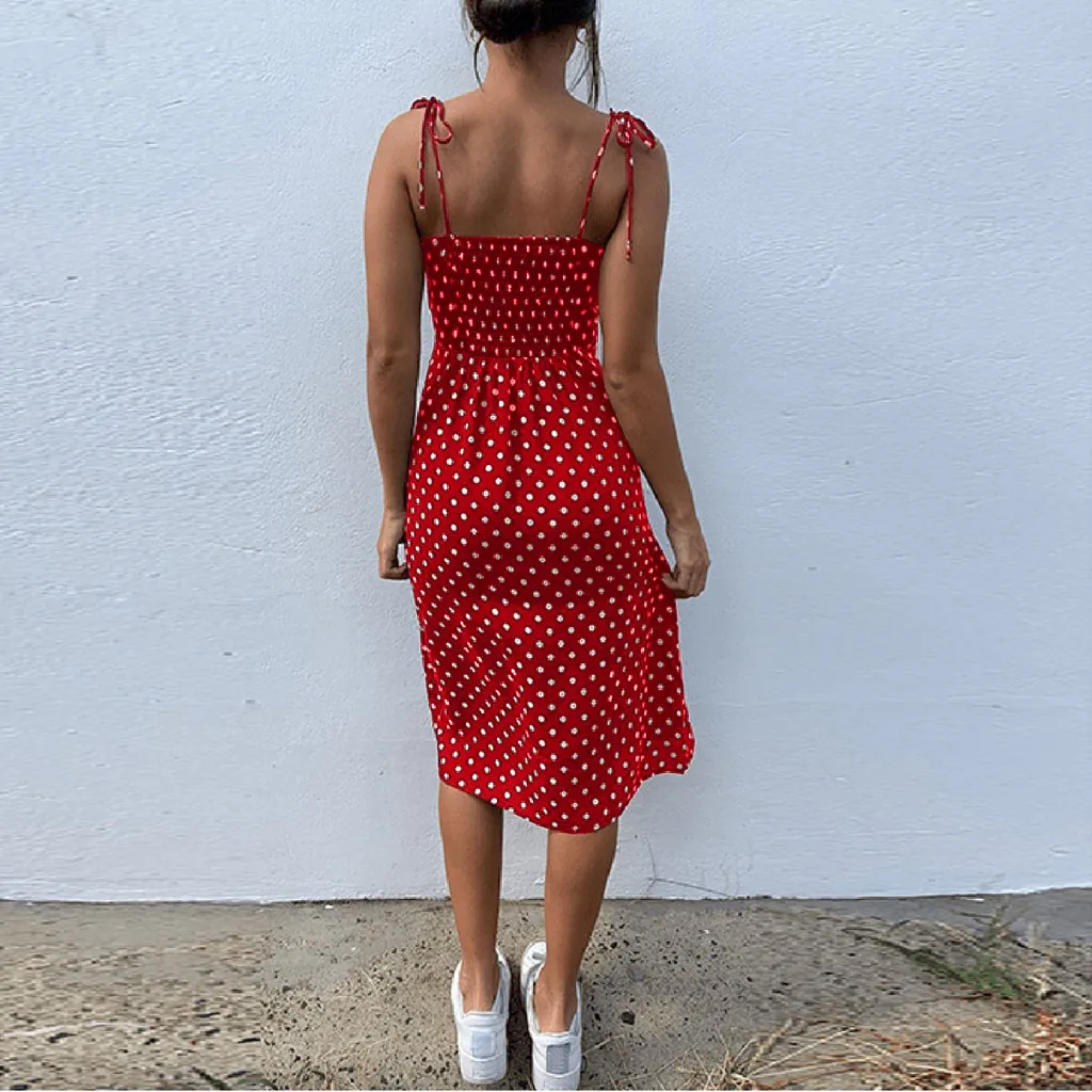 

Dress women summer slim beach dressWomens Fashion Causal Dot Sleeveless High Waist V-Neck Dress 2021