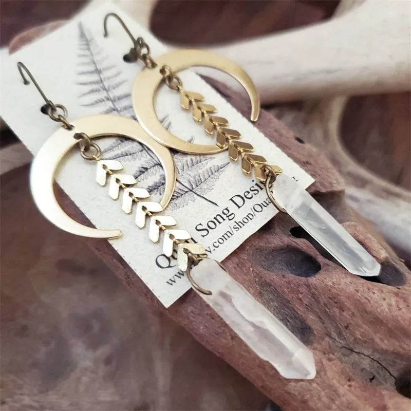 

Crescent Moon & Raw Quartz Crystal Earrings for Women Natural Stone Western Hippie Boho Witchy Jewelry, Astrological Inspired