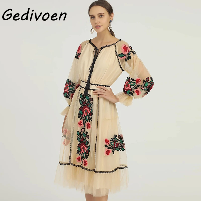 

Gedivoen 2022 Spring Summer Runway Designer Embroidery Dress Women's High Waist Mesh Full Sleeve Mid-Calf Dresses Vestdios