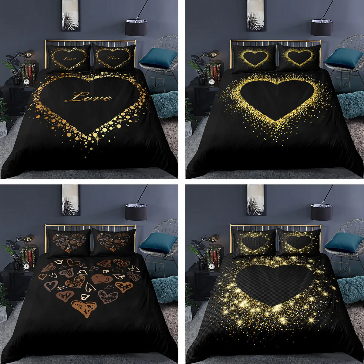

Luxury 3D Black Golden Heart Bedding Set 2/3Pcs Valentine's Day Duvet Cover Pillowcase Home Textile Single Queen and King Sizes