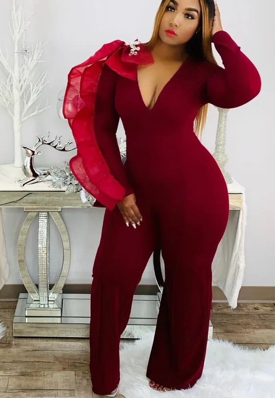 

Elegant High Waist Backless Slim Jumpsuit Women's Ruffles Clubwear Playsuit Bodysuit Party Romper Long Trousers Streetwear 5XL