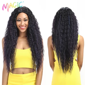 Волшебный синтетический кружевной парик, кудрявый парик, косплей, термостойкий парик для черных женщин, Омбре, фиолетовый, синий, 28-дюймовые кудрявые волосы