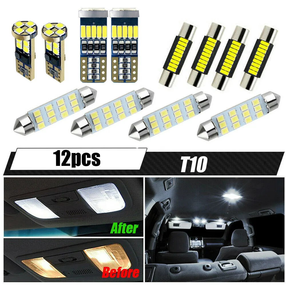 

12Pcs Car Accessories T10 LED Lamp Car Bulbs Interior Package Kit Car Dome Door Plate Light License Plate Trunk Lamp Bulbs
