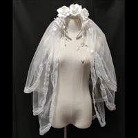 bachelorette party 3 tier veil white flower crown headband vintage 80s faux pearl wreath bridal wedding hair accessories