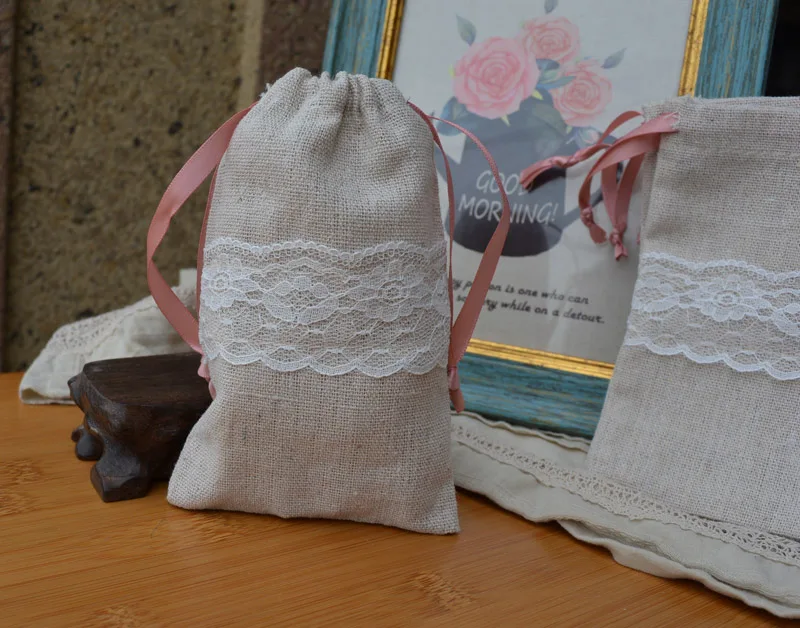 

Lace Linen Jewelry Drawstring Pouch 9x12cm 9x14cm pack of 50 pink ribbon Jute Gift Bags Sack