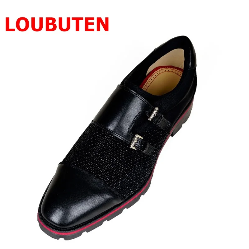 LOUBUTEN Black Loafers Luxury Genuine Leather And Sequin Fabric Patchwork Men Loafers Double Buckles Slip-on Men Dress Shoes