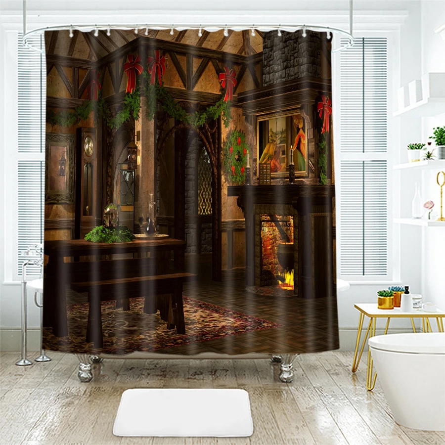 3d Christmas Shower Curtains Fireplace Cabin Pattern Waterproof Thickened Bath for Bathroom Customizable | Дом и сад