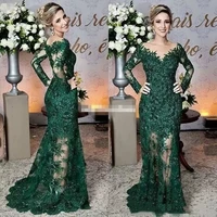 newest dark green mother of the bride dresses sheer v neck lace appliques long sleeve mermaid formal evening prom dress