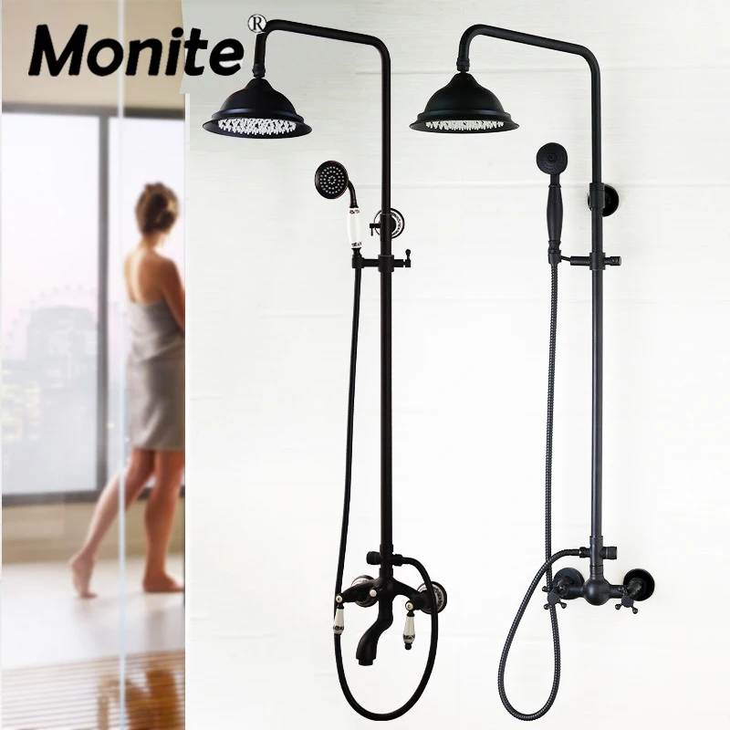 

Monite Black Bathroom Shower Set Faucet Wall Mounted 3-functions Mixer Valve 8" Lotus Head Rainfall Shower Mixer Tap Faucet