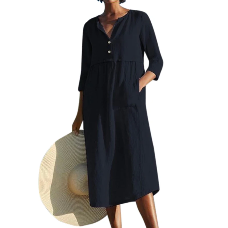 

Vicabo Women Casual Loose Midi Dress Woman Summer Clothes Holiday Beach Pocket O-neck Loose Vestidos