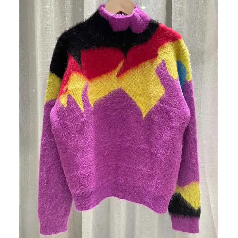 

Cosmicchic 2021 Autumn Winter Mohair Pullover Women Wool Knit Sweaters Stand Collar Colorful Patchwork Long Sleeves Runway Style