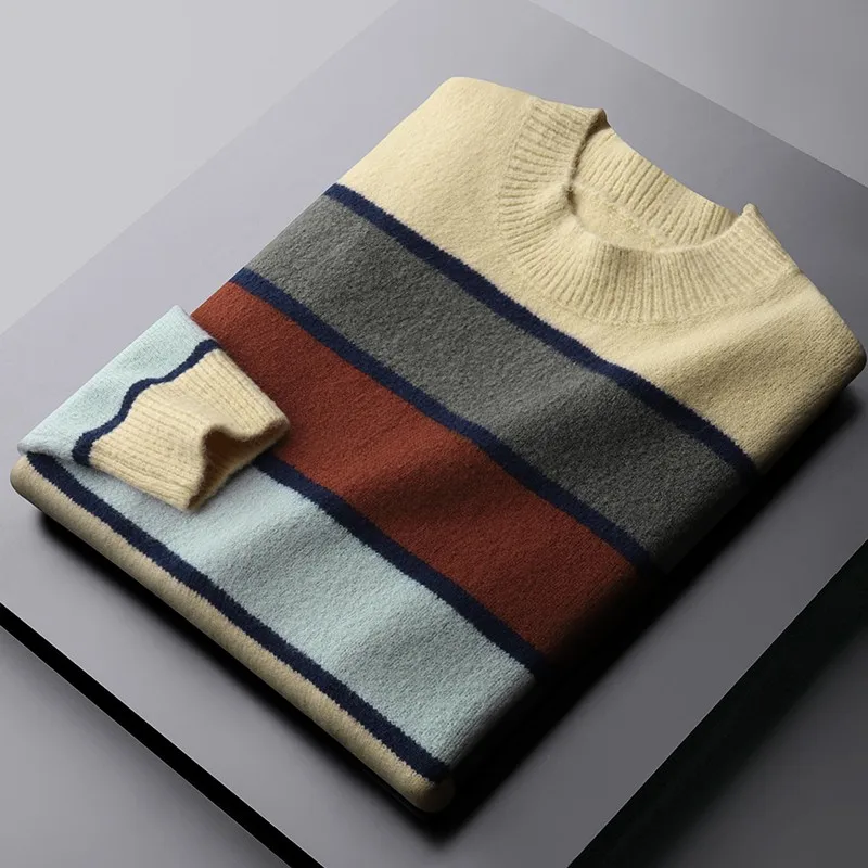 

2021 Autumn Winter Male Sweaters High Quality Round Collar Thicken Stripe Mens Sweaters Fashion Slim Fit Mock Neck Man Sweater