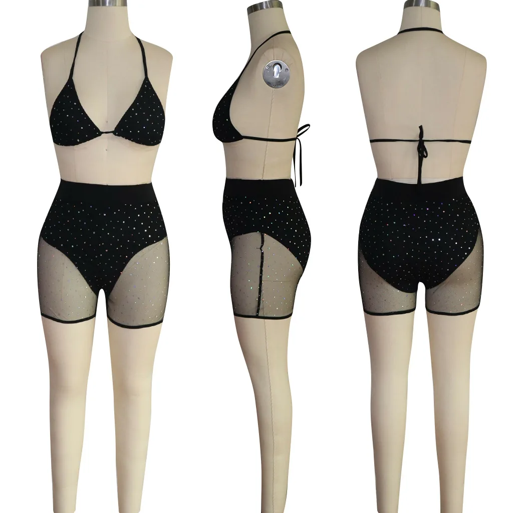 

Sheer Mesh Sequined See Through Two Piece Short Set Women Halter Neck Backless Crop Top and Biker Short Summer Beach Wear Outfit