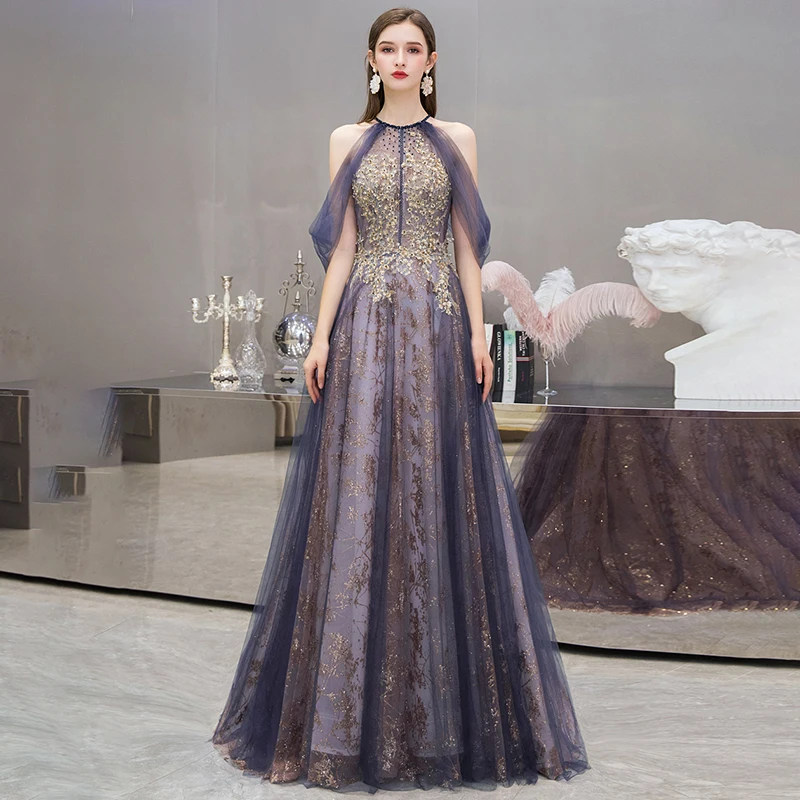 

New Sequins Appliques Evening Dress Halter Sleeveless A-Line Floor-Length Luxurious Backless Tulle Woman Formal Party Gown A505
