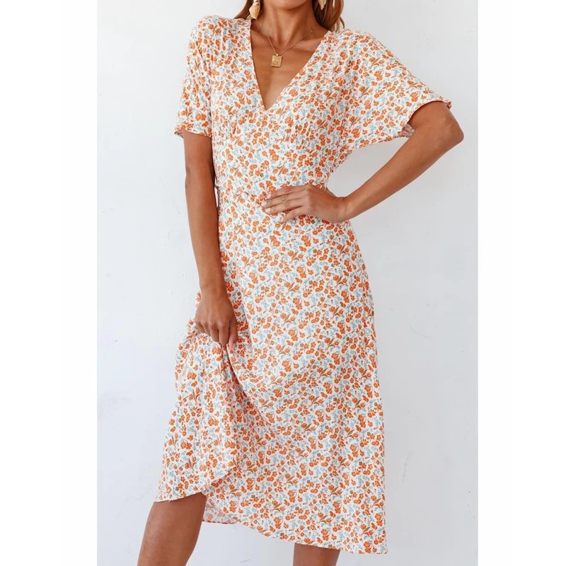 

WEPBEL Dress Women's Casual Slim Floral Print High Waist Dress Summer Fashion Short Sleeve V-neck Digital Print Dress