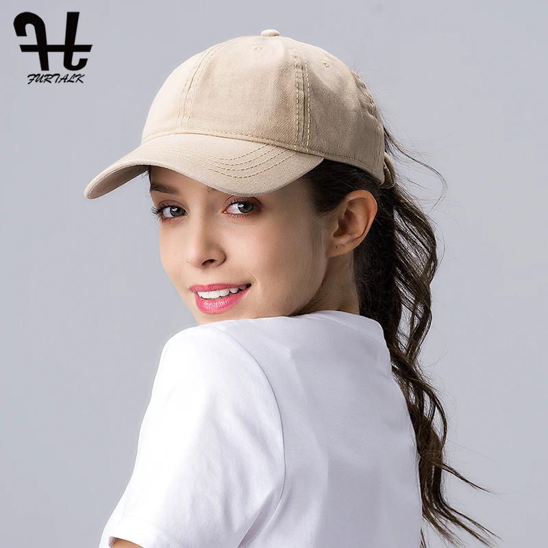 Женская винтажная бейсболка FURTALK черная хлопковая кепка в стиле конский хвост