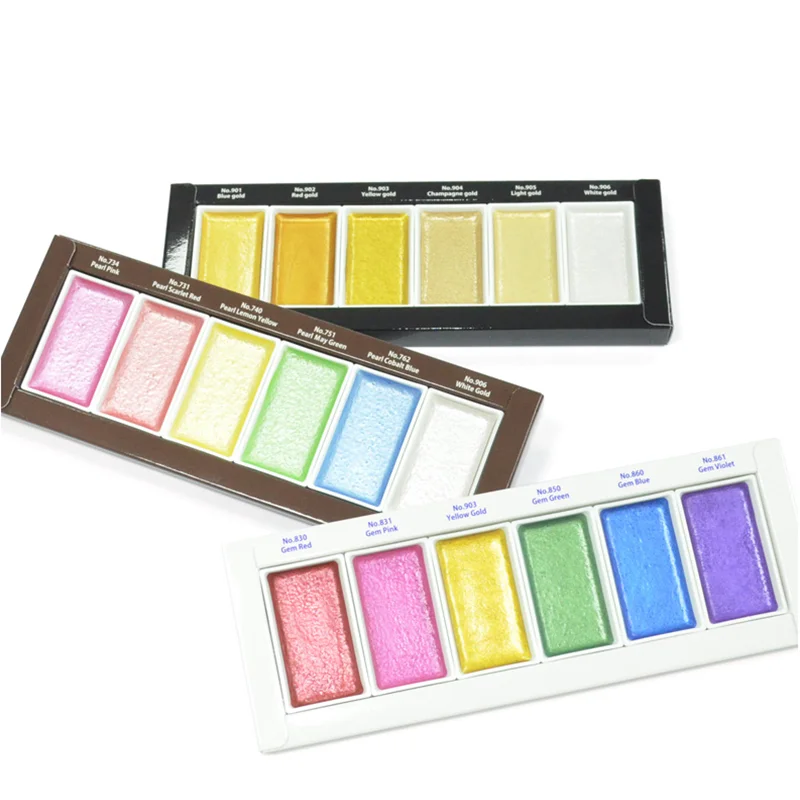 6 Starry Colors Metallic Gold Watercolor Paints Pearl Color Kawaii Stationary Students Portable Water color Cake Art Supplies| |