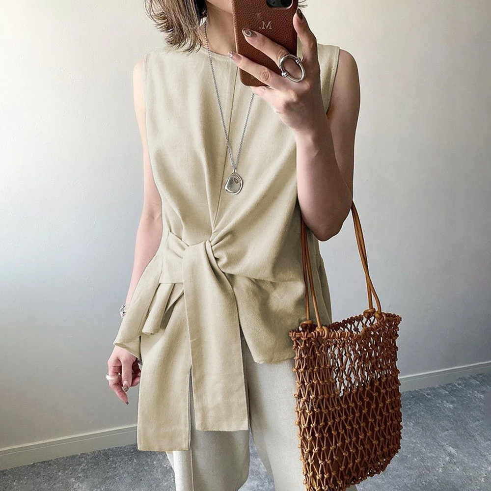 

Элегантная блузка без рукавов, стильные женские летние майки, модные однотонные офисные блузы, Женская Асимметричная рубашка на шнуровке