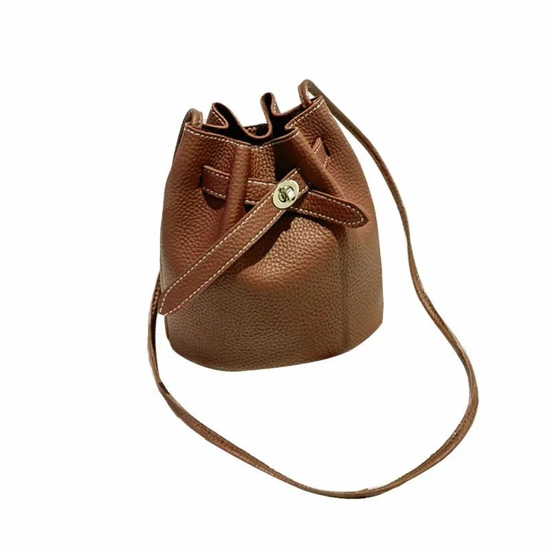 

Women Large Capacity Holiday Accessories PU Leather Portable Cross Body Solid Casual Gift Bucket Bag Single Shoulder With Buckle