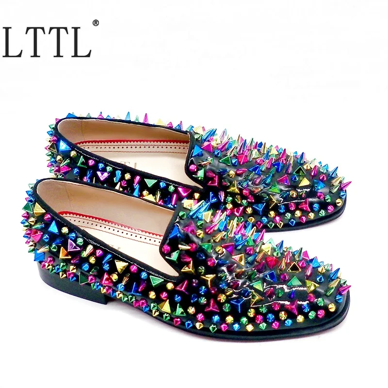 LTTL Black Patent Leather Multicolor Spikes Loafers Men Dress Shoes Handmade Slip On Designer Brand Rivets Casual | Обувь
