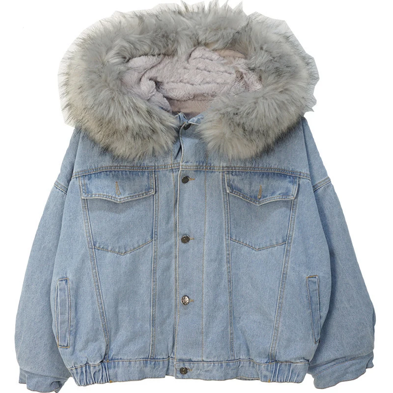

ELVASEK Women Thick Denim Fur Hooded Coat 2020 Winter Loose Streetwear Lady Casual Jackets Parka Female Single Breasted Outwear