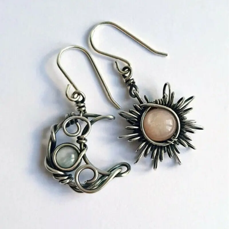 

Bohemian Style Drop Earrings Women Fashion Retro Sun Moon Moonstone Asymmetric Alloy Geometric Earrings Jewelry Gift 5cm