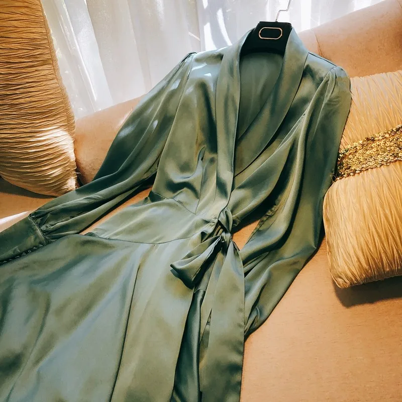 

Autumn Female Elegant Dress Green V-Neck Lace Up Long Sleeve Dress Fashion Design Ruffle Office Ladies High Waist Short Dresses