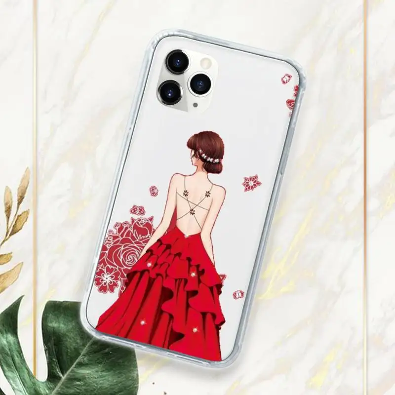 

Fashion red dress girl marry couple Phone Case Transparent Clear for iPhone 11 12 mini pro XS MAX 7 8 6 6S Plus X 5S SE 2020 XR