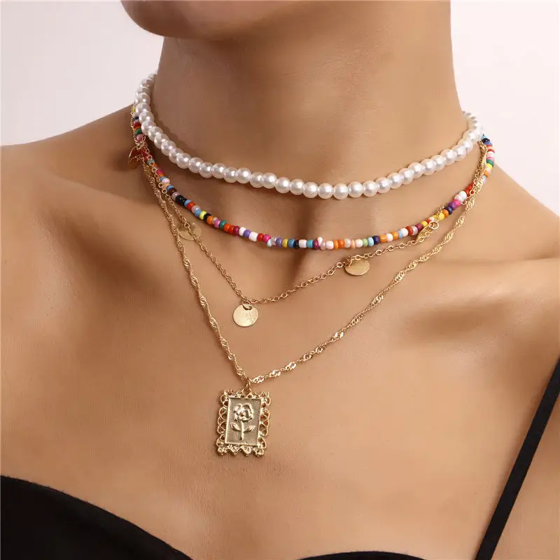 

Boho Colored Beads Roses Sheet Pearl Pendant Necklace Choker For Women Fashion Coin Strand Layered Necklace Statement Jewelry