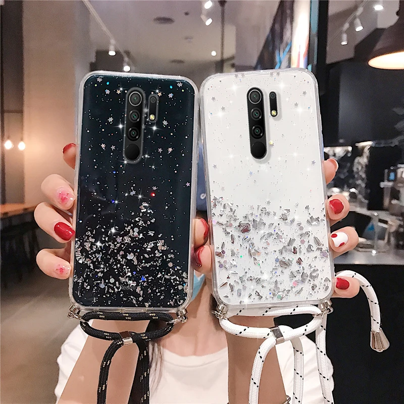 sparkle glitter strap chain phone necklace lanyard case for xiaomi redmi note 10 pro 5g note 11 9 mi 11 lite 11t 10t mi poco x3 free global shipping