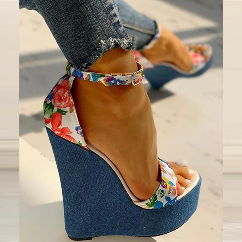 

BONJOMARISA INS Hot Lady Floral Ankle Strap Sandals Open Toe High Wedges Platform Sandals Women Summer Party Dress Shoes Woman