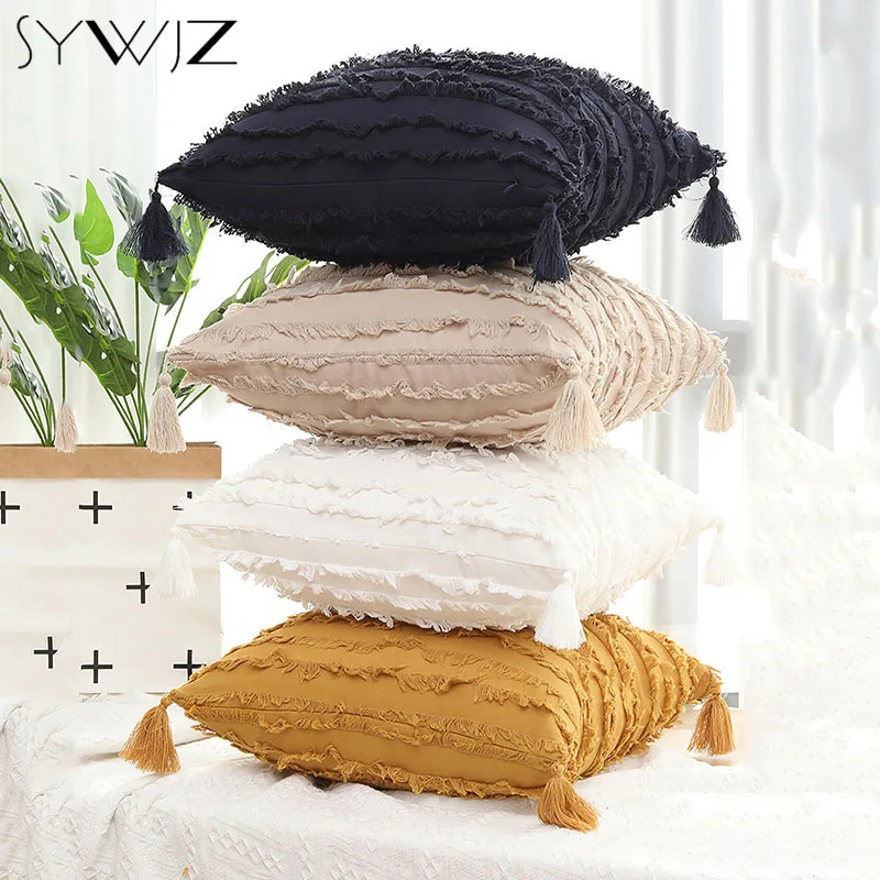 

Boho Throw Pillow Covers Cotton Linen Macrame Pillow Case Stripe Jacquard Cushion Cover for Sofa Bed Home Living Room Decoration