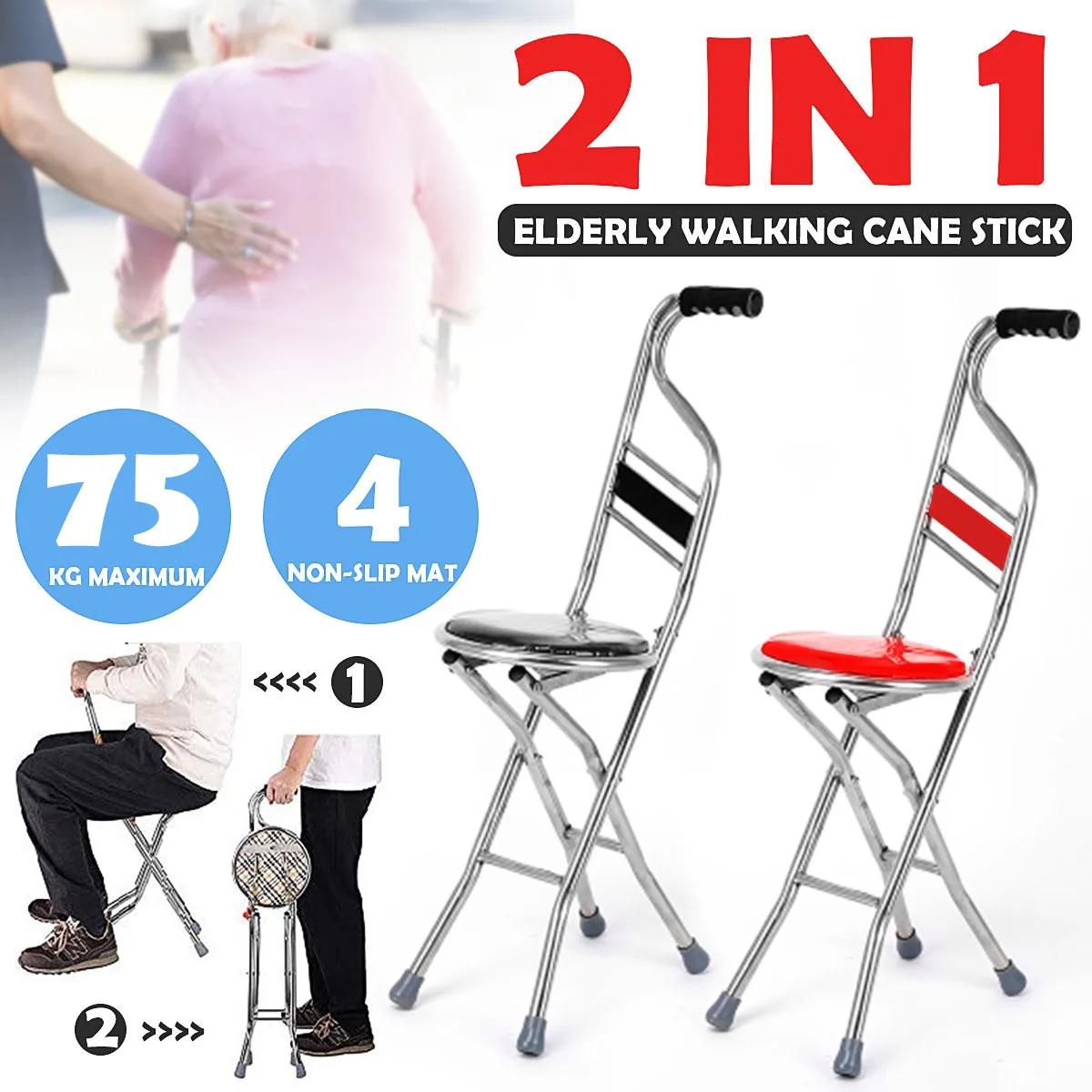 

Folding Walking Cane Rest Stainless steel Walking Stick Chair Seat Non Slip Tripod Cane For Elder Outdoor Hiking Climbing Crutch