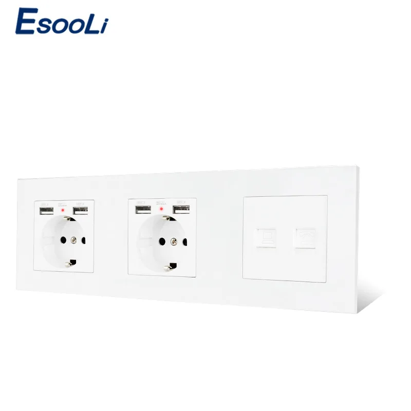 Пластиковая панель ESOOLI двойная розетка европейского стандарта + 4 USB порта для