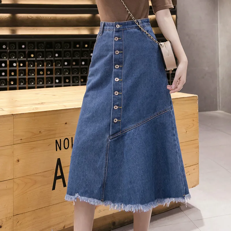 

Frayed Hem High Waist Plus Size Below Knee Denim Skirts for Women S M L XL 2XL 3XL 4XL 5XL